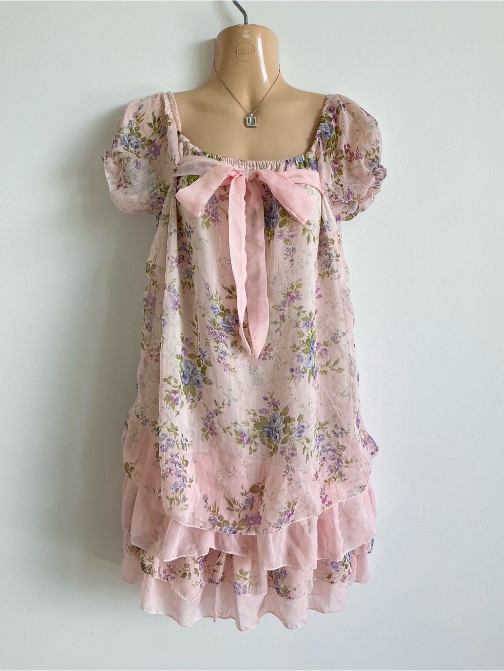 Korean harajuku Floral Pink Puff-Sleeve Chiffon ruffle Dress Bow babydoll Lolita
